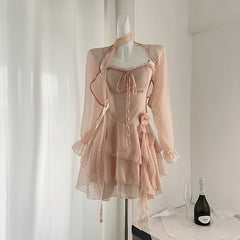 BXOXO - summer inspo 2025 Summer New Two-piece Sets Dress Women Sweet Mini Dress+Sunscreen Shawl Cardigan Gentle Style Beach Patry Set