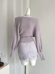 BXOXO French Elegant Luxury Sexy 3 Piece Set Women Lace Top+Off Shoulder Sweater+Mini Bag Hip Skirts Female Nightclub Slim Knit Suit