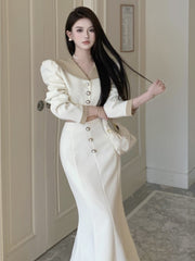 BXOXO party look inspos Elegant Two Piece Set Women Long Sleeves Short Coat + High Waist Mermaid Skirt Autumn Winter Solid Korean Style Patchwork Outfit