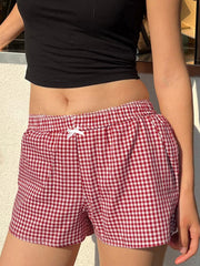 BXOXO - summer inspo Sweetown Christmas Preppy Y2K Red Plaid Elastic Waist Shorts Women Casual Loose Sweet Cute Summer Vacation Outfits