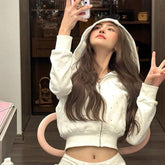 BXOXO Hot Girl Zip Up Hoodie White Rhinestone Short Long Sleeves Hoody Harajuku Casual Kpop Punk Sweatshirt Top Women Y2k Hoodies Coat