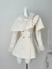 BXOXO Autumn Winter France Slim 2-piece Set Women Sweet Elegant Bow Shawl Cape Female Fashion Chic Long Sleeve Solid Dress Suit New