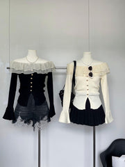 BXOXO - summer inspo French Style Flounce Sweater Chic Off-the-Shoulder 2025 Fall Flared Sleeves Long-sleeved Design Knit Cardigan Casual New Top