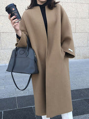 BXOXO Long Sleeves Loose Solid Color Collarless Woolen Coat