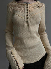 BXOXO - Lace Button-Up Crew Neck Long Sleeve Top