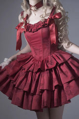 BXOXO - Wine Red Sleeveless Multi-layer Ruffle Bowknot Fish Bone Gothic Lolita Jsk Dress
