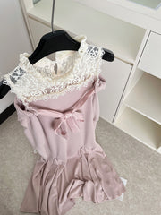 BXOXO - summer inspo 2025 New Gentle Style Off Shoulder Knitted Dress Elegant Lace Patchwork Fishtail Dress Sweet Temperament Long Dress