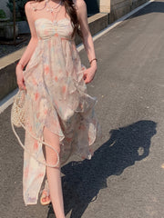 BXOXO Elegant Floral Print Polyester Midi Dress with Sweetheart Neckline and Asymmetrical Hem for Beach Vacations and Garden Parties, Beach Dress