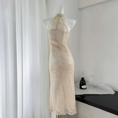 BXOXO - summer inspo 2025 Summer New Chinese Style Qipao Women Sexy Elegant Halter Sleeveless Dress Fashion Slim Fit Hip Wrap Dress