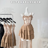 BXOXO - summer inspo Chic Design Sequins Lace Stitching Banquet Evening Dress 2025 Summer New Fashionable Temperament Party Sling Dresses