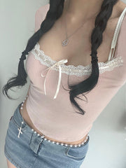 BXOXO - summer inspo Balletcore Sweet Y2K Tie Lace Trim Square Collar Pink T-Shirt Women Short Sleeve 2000s Cute Kawaii Clothes