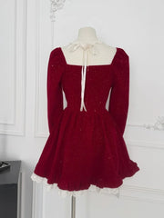 BXOXO Autumn French Sweet Elegant Velvet Short Dress Women Red Design Bow Lace Party Dress Christmas New Year Chic Holiday Clothing
