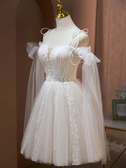 BXOXO A Line Tulle Short Champagne Prom Dresses, Off Shoulder Lace Puffy Homecoming Dresses