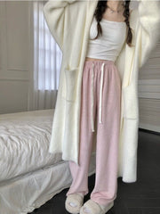 BXOXO Casual Korean Style Women Pants Baggy Elegant Pink High Waist Pleated Trousers Harajuku Cute Autumn Wide Home Pants Warm