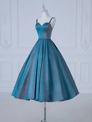 BXOXO A-Line Sweetheart Neck Satin Tea Length Blue Prom Dress, Blue Formal Dress
