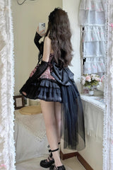 BXOXO - Black/Pink Ancient Dream of the Dark Night Print Ruffle Gothic Lolita Jsk Dress