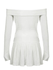 BXOXO - summer inspo Korean Fashion Slash Neck Elegant Long Sleeve A Line White Dress Women Shirring Slim Waist Simple Sweet Japanese Clothing