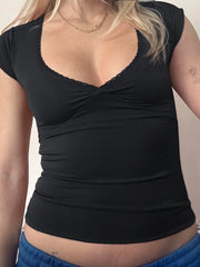 BXOXO - summer inspo Sweetown Black Solid Slim Elegant Basic Short Sleeve Tees Lace Trim Cute Y2K V Neck White T Shirts Women Summer Streetwear Tops