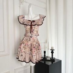 BXOXO - summer inspo Fashionable Sweet Two Piece Set Women Slash Neck Short Sleeve Tops High Waist A-Line Skirt Patchwork Ruffles Sets 2025 New