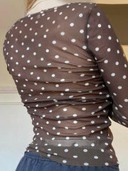 BXOXO - Vintage Contrast Polka Dot Mesh Cross V-Neck Top