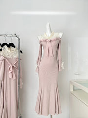 BXOXO Spring French Elegant Gentle Knitt Long Evening Dress Women Lace Off Shoulder Bow Splicing Bag Hip Fishtail Dress Female New