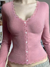 BXOXO - Lace Trim V-Neck Button-Up Knit Top