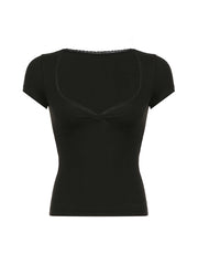 BXOXO - summer inspo Sweetown Black Solid Slim Elegant Basic Short Sleeve Tees Lace Trim Cute Y2K V Neck White T Shirts Women Summer Streetwear Tops
