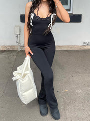 BXOXO - summer inspo Black Solid Sleeveless Skinny Sexy Flared Jumpsuits Women Lace Trim Tie Bow Cute Sweet Y2K Slip Rompers
