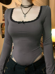 BXOXO - summer inspo Autumn Hotsweets Slim Long Sleeve Bodysuit Women Simple Lace Trim Square Collar Bow Rompers Trendy Clothing