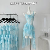 BXOXO - summer inspo Pure Lust Hottie Sexy Suspender Dress Women 2025 Summer Vacation Style Irregular Design Ruffled Slim Waist Long Dress