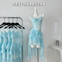 BXOXO - summer inspo Pure Lust Hottie Sexy Suspender Dress Women 2025 Summer Vacation Style Irregular Design Ruffled Slim Waist Long Dress