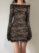 BXOXO - Off-Shoulder Lace Hollow-Out Mesh Mini Dress