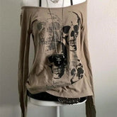 BXOXO Skulls Punk Sexy T Shirt Women Clothes Vintage 90s Long sleeves Gothic Sweetwear Hip Hop Girl Tees Kpop Crop Tops Aesthetic Y2k