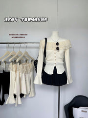 BXOXO - summer inspo French Style Flounce Sweater Chic Off-the-Shoulder 2025 Fall Flared Sleeves Long-sleeved Design Knit Cardigan Casual New Top