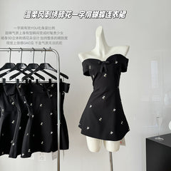 BXOXO - summer inspo Summer Floral Bow Off Shoulder Dress For Women Slash Neck Sexy Temperament Dress Fashion Party A-line Dress