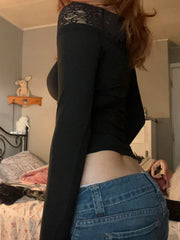 BXOXO - summer inspo Gothic Retro Lace Trim Slash Neck Blouses Women�Long Sleeve Y2k Darkly Chic Print Autumn Trendy Fashion Tops