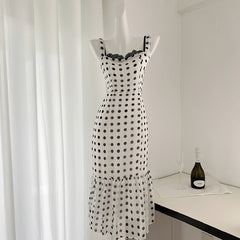 BXOXO - summer inspo 2025 Spring New Product Women's French Retro Polka Dot Print Sexy Fashion Lace Fake Two Piece Sling Dress