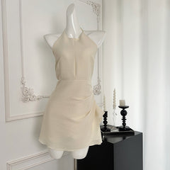 BXOXO - summer inspo French Style Off Shoulder Holiday Party Halter Irregular Midi Dress Women Summer New Elegant Simplicity Dress