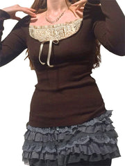 BXOXO Vintage Y2k T-shirts Women Lace Patchwork Cute Tees Fairy Grunge Y2k Long Sleeve T-shirts Casual Bowknot Tops Aesthetic