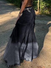 Vintage Ombre Splice Raw Hem Mermaid Denim Maxi Skirt