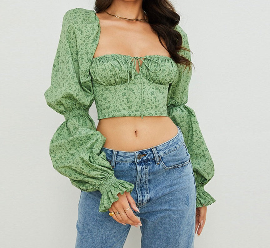 Ditsy Printed Tied Front Bustier Puff Sleeve Crop Top - Green