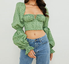Ditsy Printed Tied Front Bustier Puff Sleeve Crop Top - Green