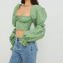 Ditsy Printed Tied Front Bustier Puff Sleeve Crop Top - Green