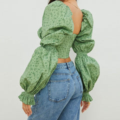 Ditsy Printed Tied Front Bustier Puff Sleeve Crop Top - Green