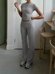 BXOXO - summer inspo Gray Solid Slim Basic Sports Sexy 2 Pieces Yoga Sets Women O Neck Short Sleeve Tee & Chic Low Waist Skinny Pants Tracksuit S-XL