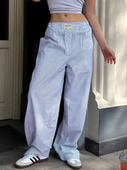 BXOXO - summer inspo Sweetown Blue Stripe Casual Loose Baggy Trousers For Women Button Details Elastic High Waist Boho Fashion Straight Leg Pants