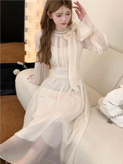 BXOXO party look inspos Elegant Chiffon Dress Women Solid Flare Sleeve Bow O-neck Autumn Spring Korean Style Y2K Evening Party Wedding Robe Vestidos New