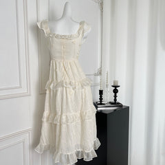 BXOXO - summer inspo French Sweet Suspender Dress Women Summer New Gentle Style High Waist Slim Wooden Ear Edge Dresses