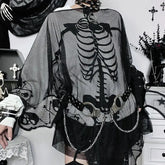 BXOXO Skulls Streetwear Punk Loose Mesh Tops Gothic Girl Emo T shirts Casual Hip Hop Dark Grunge Vintage Clothes 90S Aesthetic Y2k Tee