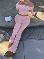 BXOXO - summer inspo Women Solid Skinny Ruched Off Shoulder Long Sleeve Tee Shirt And Flared Pants 2 Pieces Sets